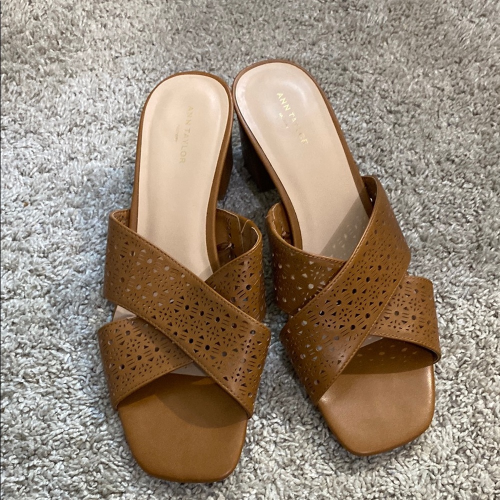 Anne Taylor Factory Camel Brown Mules with Criss-Cross Design